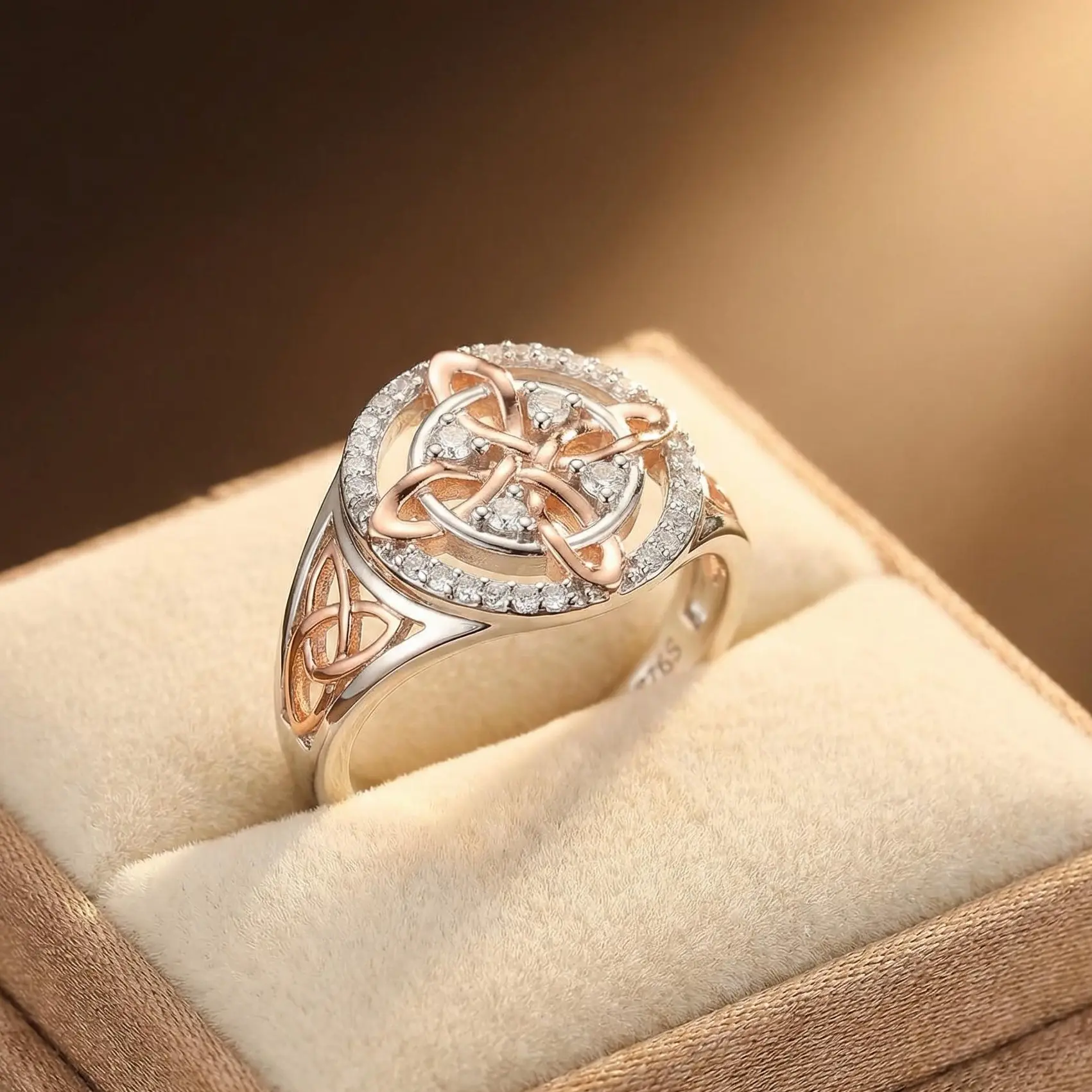 S925 Rose Gold Plated Celtic Knot Ring, Anillo Nudo de Bruja Plata 925 Original Witch Knot Jewelry,  Sterling Silver Cubic Zirconia Decorated S925 Witches Knot Ring, Witchtok Witch Jewerly Pagan Jewelry for Devotion for Protection