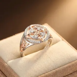 S925 Rose Gold Plated Celtic Knot Ring, Anillo Nudo de Bruja Plata 925 Original Witch Knot Jewelry,  Sterling Silver Cubic Zirconia Decorated S925 Witches Knot Ring, Witchtok Witch Jewerly Pagan Jewelry for Devotion for Protection
