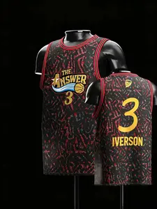 Allen Iverson #3 Philadelphia Retro Basketball Jersey "The Answer" Black Red Speckle Graphic Gold Number Breathable Mesh Sleeveless for Iverson Fans Supporters, Retro Collectors, Streetwear & Hip Hop Basketball Enthusiasts