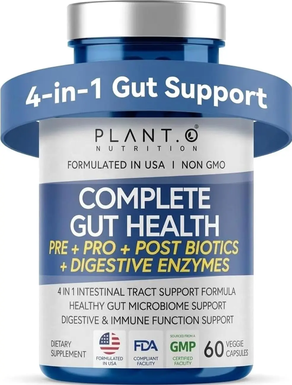 4-in-1 Gut Health Support – Prebiotics + Probiotics + Postbiotics + Digestive Enzymes – DE111 Spore Probiotic for Digestive Support & Bloating – Non-GMO, Made in USA – 60 Veggie Capsules