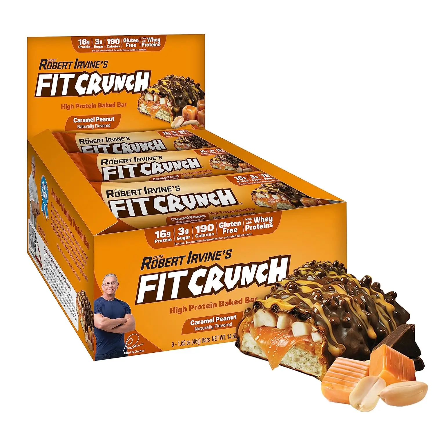 FITCRUNCH Snack Size Protein Bars, Designed by Robert Irvine, 6-Layer Baked Bar, Gluten Free & Soft Cake Core (9 Count, Caramel Peanut)