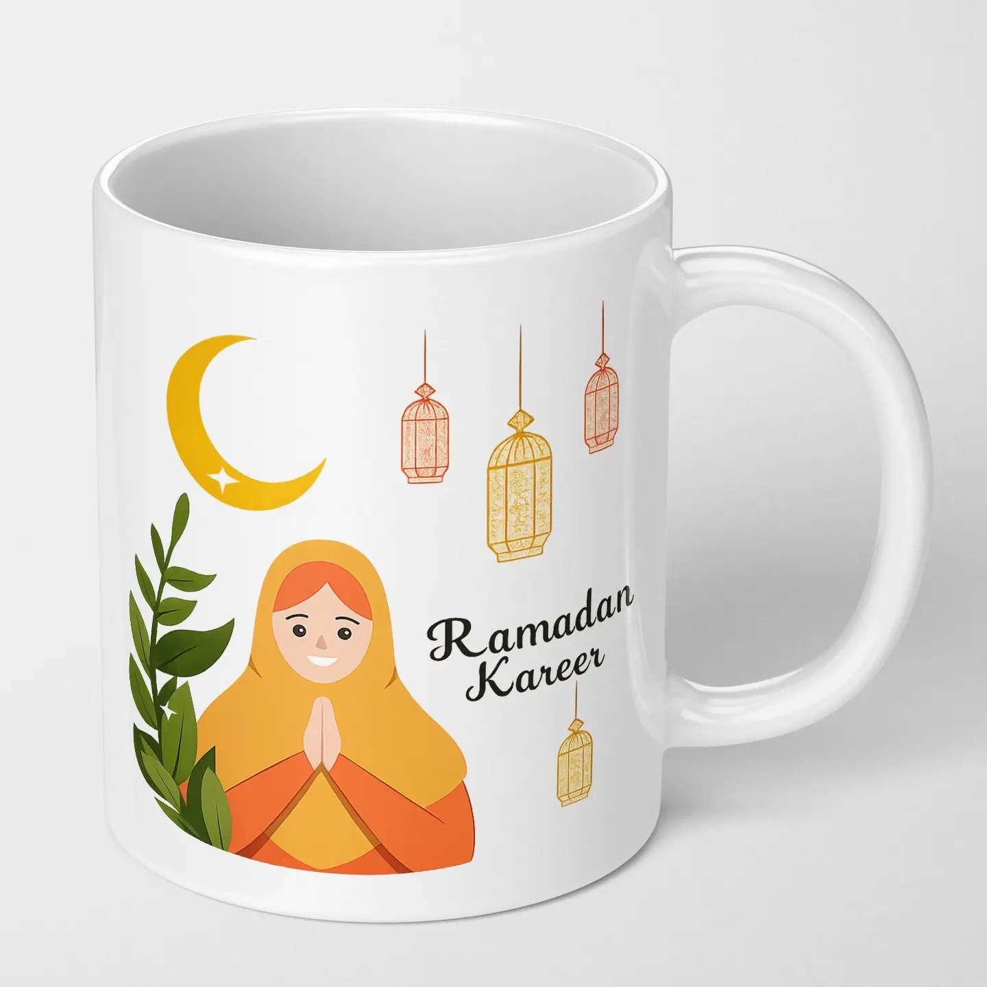 Cute Ramadan Kareem Mug: Cartoon Girl Praying with Crescent & Lanterns, Sweet Hand-drawn Style Islamic Holiday Gift, Aesthetic Morning Coffee Cup.
