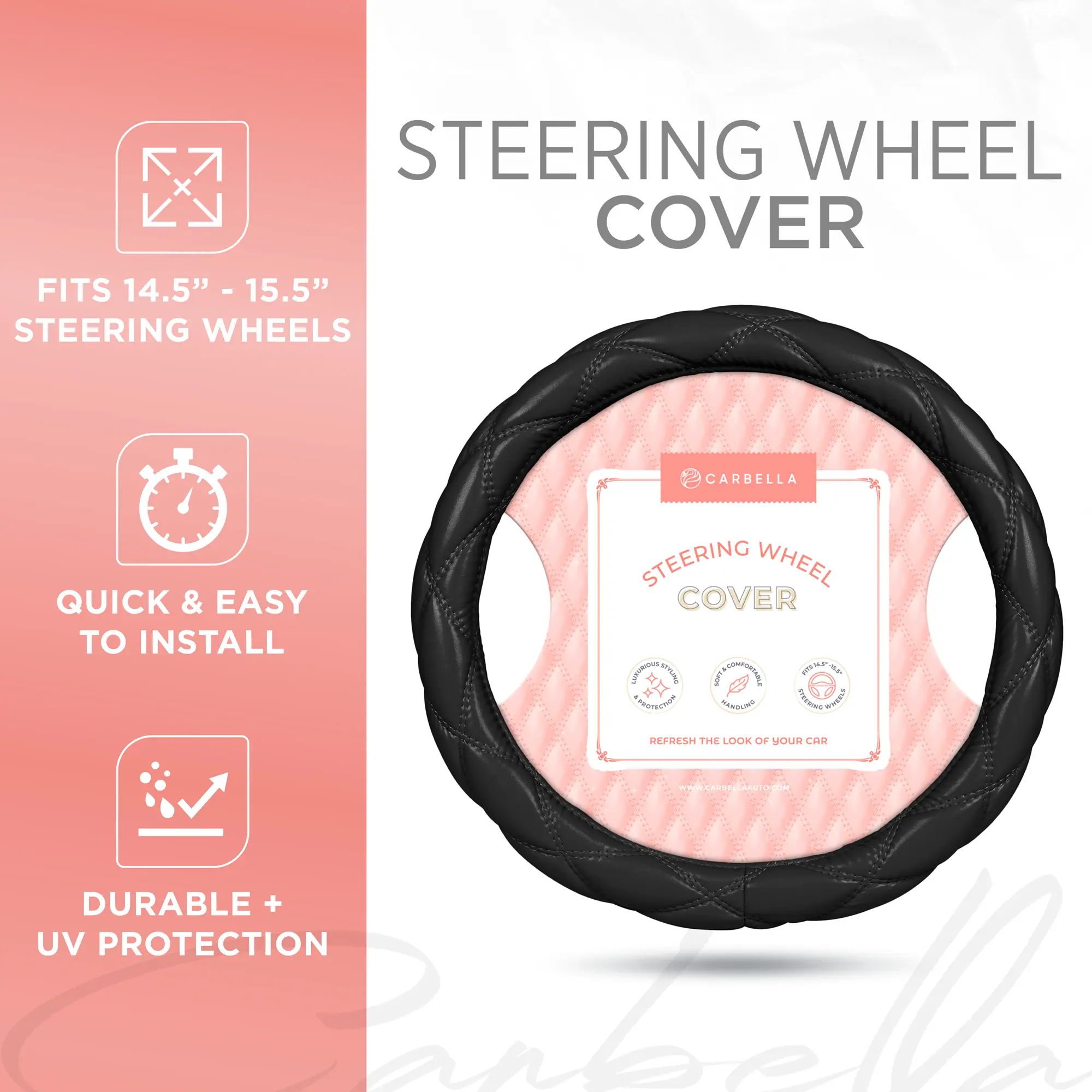 Carbella Black Stitched Leather Steering Wheel Cover for Women, Standard 15 Inch Size Fits Most Vehicles, Cute Faux Car Steering Cover with Diamond Double-Stitch Detail, Car Accessories for Women