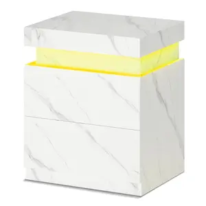 Nightstand with Sliding Top and 2 Drawers White  Marble
