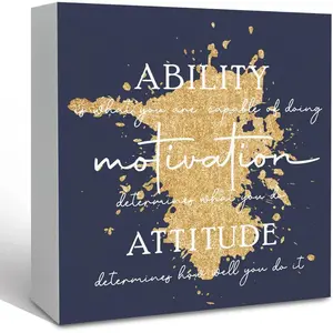 Blue and Gold Office Inspirational Wooden Box Sign Desk Decor, Ability Motivation Attitude Decorative Signs for Office Living Room，Inspirational Home Shelf Desk Decor Home Office Decoration 5x5 Inch