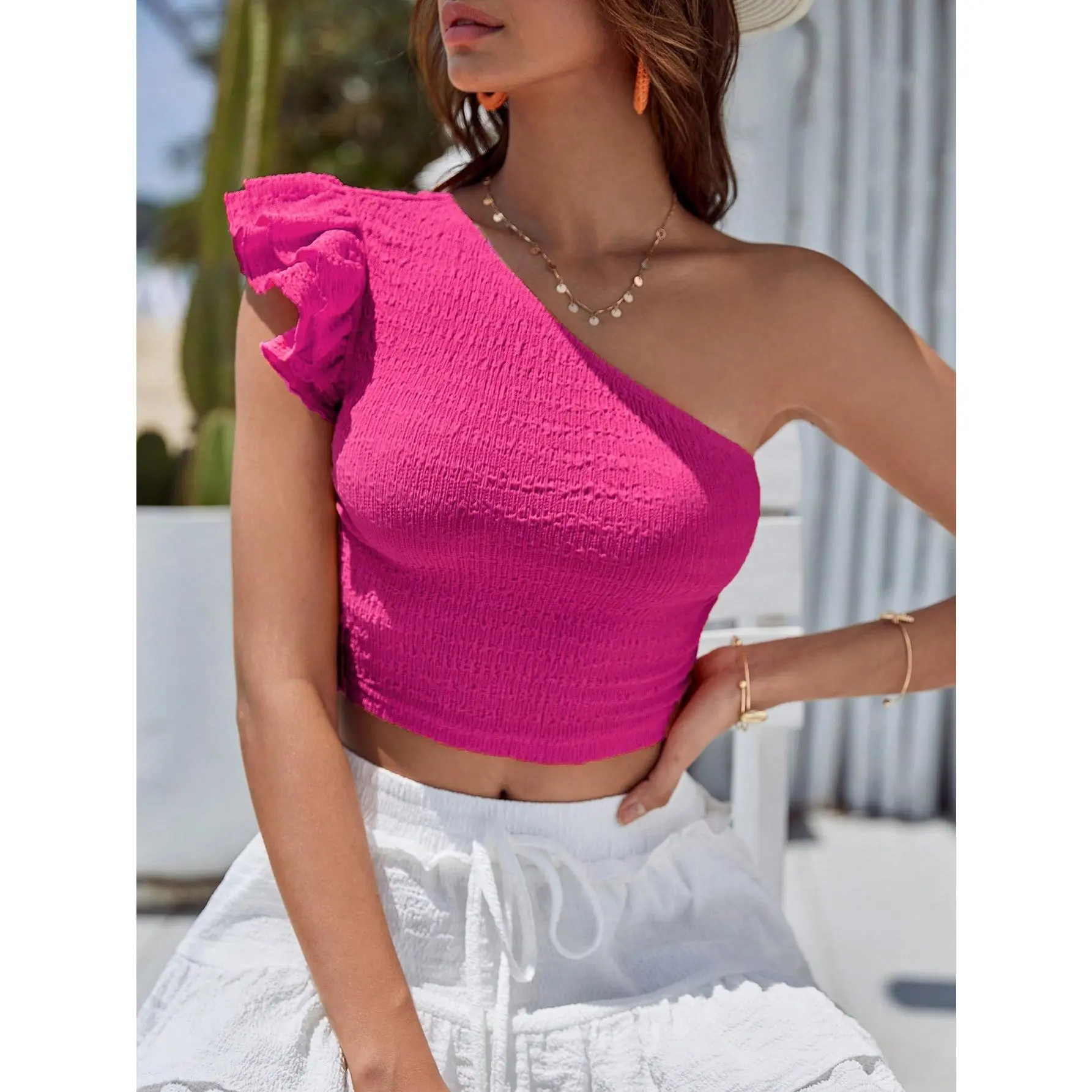 Vivid Eden One Shoulder Ruffle Trim Crop Tee Asymmetrical Top