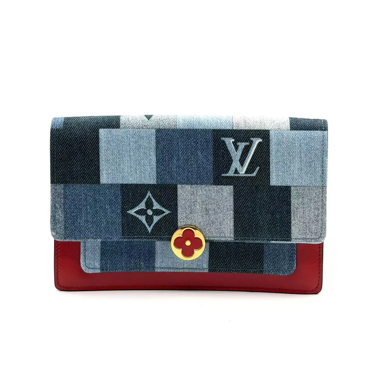 Pre-owned Louis Vuitton Canvas Clutches & Wristlets CALUXB Monogram Denim Patchwork Fiore Chain Wallet crossbody bag