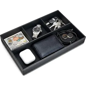 Leather Valet Tray Organizer, Stackable Nightstand & Dresser Storage Tray, Entryway Desk Catchall Tray for Keys Wallet Watch Phone, Bedside Desktop PU Leather Drawer Caddy Tray - Black