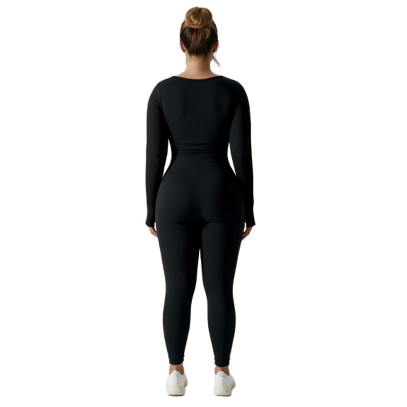 Women's High-Waisted Yoga Bodysuit Quick-Dry Long Sleeve Workout Top with Removable Pads High-Elasticity Slim Fit for Running Gym & Training Solid Black All-Season Fitness Apparel Tummy Control Jumpsuit Stylish Activewear