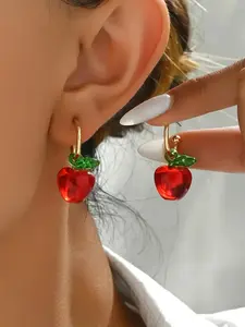 Mini Apple Drop Earrings with Leaf in Crystal, Cute Fashion for Women, Hooks, Perfect Gift for Valentine's Day & Birthdays, Teardrop Earrings