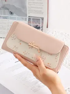 New Women's Long Wallet, Stylish Wallet, Korean Style PU Print Zipper Fold Clasp Handbag, Multi-Function Card Holder, Gift for Friends and Students, PU Leather Wallet