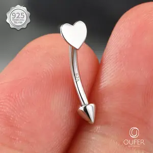 Oufer 16G S925 Flat Heart & Spike Eyebrow Rook Ring Vertical Labret Snake Bite Piercing Ring Bar Length 8mm Trendy Fine Jewelry Trendy Fine Jewelry Trendy Fine Jewelry