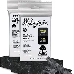 T.Taio Esponjabon Charcoal Soap Sponge - Cleansing Shower Scrubber - Cleaning Bath Wash Scrub - Oil Removal - Massage & Lather Foot, Elbow, & Face - Bathroom Accessories - Charcoal