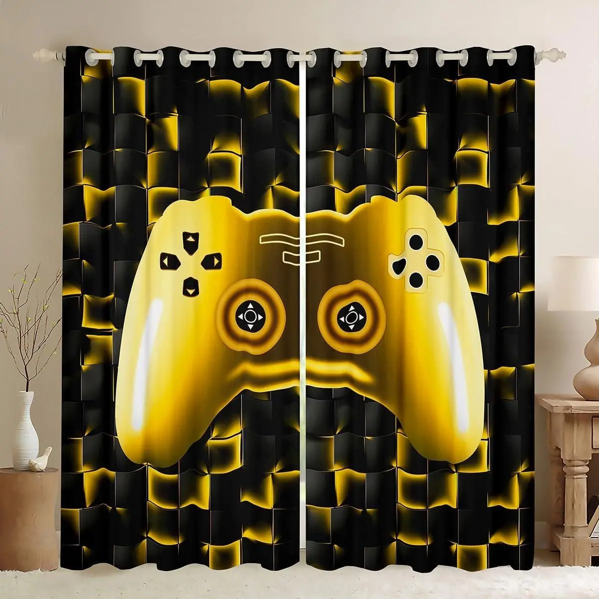 Gamer Blackout Curtains Gaming Curtains & Drapes Black Gold Geometric Game Console Grids Window Curtains Youth Men Video Game Curtains 2 Panels