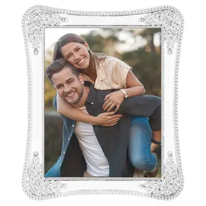 REGALWOVEN Plated Picture Frame with Crystal for Wedding Shiny with Clear Glass Photo Frames for Tabletop Decor
