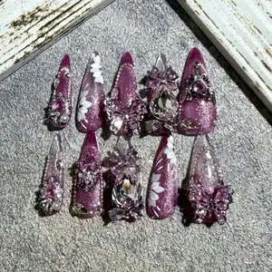 Flourishing Blossom Transparent Pink High Quality Dimond Acrylic Luxury Handmade Press On Nails