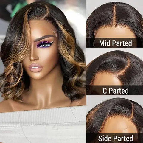 P1B/30 Blonde Highlight Body Wave Human Hair Bob Wig 180 Density HD Transparent Lace Front Short Bob Hair Pre Plucked Bleached Knots Body Wave Wigs for Woman