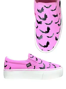 CHILL BAT - Pink/Black Women's Slip-On Shoes with Bat Pattern, Comfortable Footwear for Walking