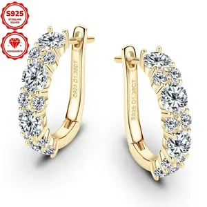 1 Pair Elegant Hoop Earrings with 4mm*8pcs & 2mm*12pcs Synthetic Moissanite Stones, 1.38 Carat Total, 14K Golden Plated, April Birthstone, Luxury Style for Women, Wedding & Holiday Jewelry, Christmas GiftGift