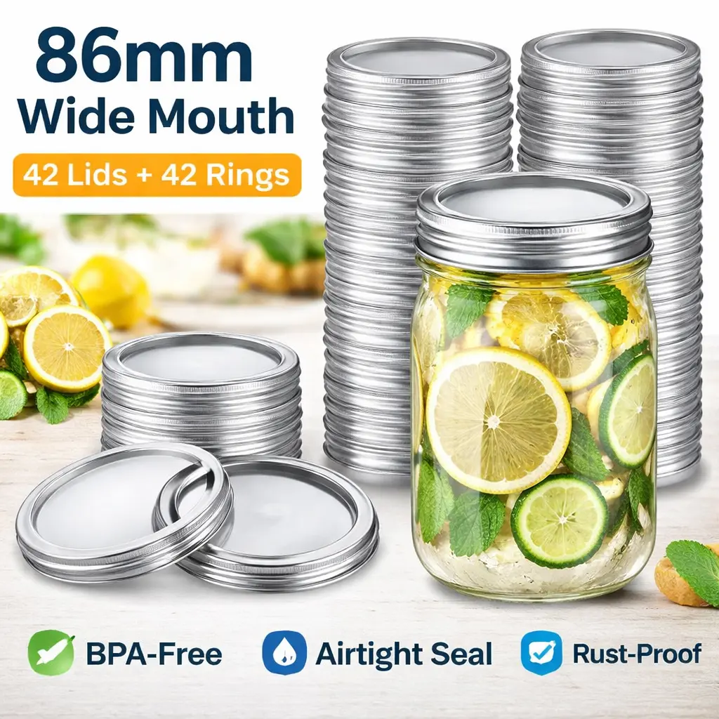 42-Pack Rust Proof Wide Mouth PVC Canning Rings - Reusable Metal No-Mess Replacement Lids for Large Mouth Kitchen Preserving Mason Jars (Jars NOT Included)