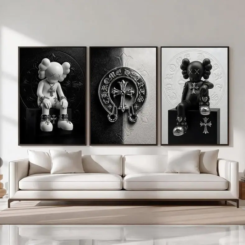 Set of 3 Chrome KAWS Heart Poster, Black White Hypebeast Decor Wall Art, Gothic Luxury, Black White Dark Fashion Decor Unframed HD Print Home Office Decor Unique Trendy Christmas Gift