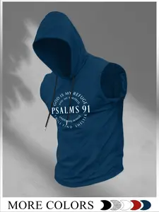 Men's Sleeveless Hoodie with Psalms 91 Slogan, Casual Cartoon Pattern, Fitted Summer Wear, Multicolor Basic Style, Graphic Hoodies