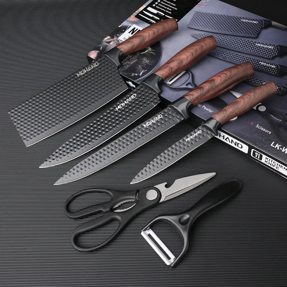 6pcs Practical Non-Stick Kitchen Knives Set with Wood Handles - Kitchen Accessories Multi-Tool Set Including Scissors & Peeler for Home Cooking, Six Pieces
