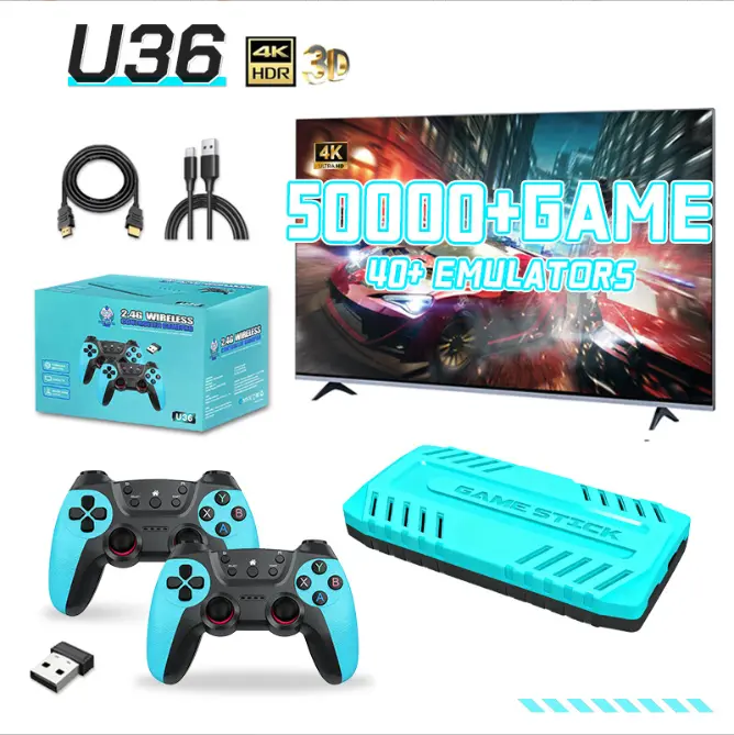 U36 Retro Game Stick, 128GB Storage, Preloaded 50000+ Classic Games, 40 Emulators, Dual 2.4G Wireless Controllers, 4K HD HDMI Plug & Play TV Game Console