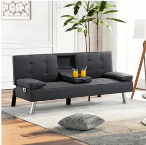 65.35”Futon Sofa Bed,5 Adjustable Positions with 2 Cup Holders & Storage Side Pocket,Suitable for Offices and Apartments.Dark Grey