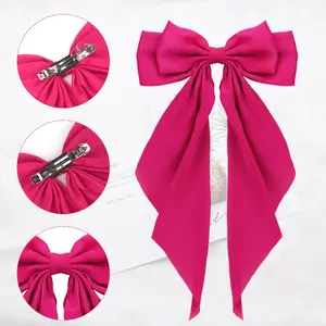 Big Bow Hair Accessories 2pcs - Long Tail French Satin Silky Barrettes for Women and Girls, Black, Burgundy, Red Bows for Birthday, Party, Show, hair clips Fashion