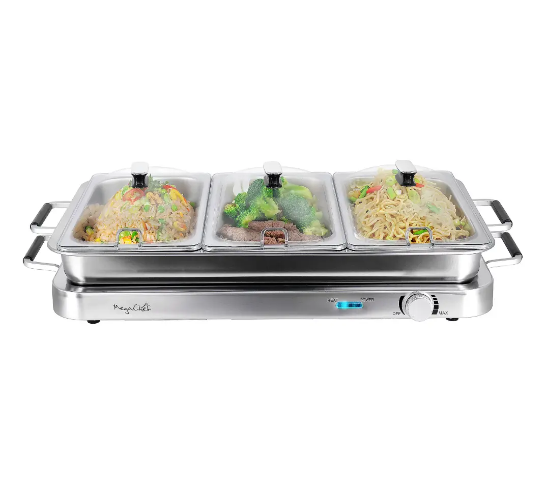 3-in-1 Electric Chafing Buffet Server & Warming Tray Stainless Steel 450W with 3 Serving Trays 8.6-qt Baking Pan Adjustable Heat Knob Dishwasher Safe