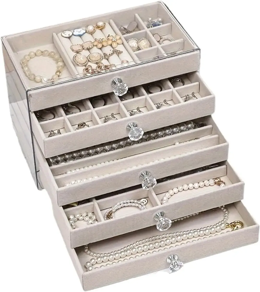 5 Layers Jewelry Velvet Box, 1 Set Large Capacity Jewelry Holder Organizer with Drawer, Lockable Jewelry Storage Boxes for Earring Necklace Ring, Gift for Women