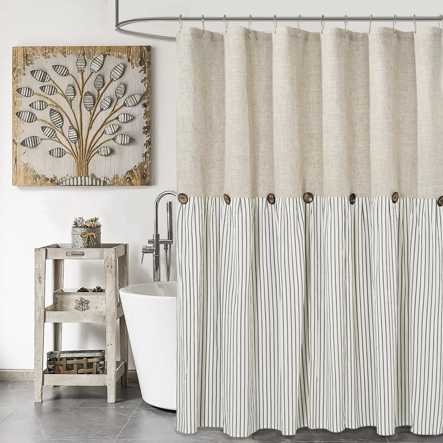 72x72 in Farmhouse Beige-Gray Stripe Linen-Cotton Woven Shower Curtain, Wooden Button Closure, Washable Rustic Country Chic Bathroom Curtains Shower Decor