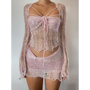 [New Sweater Set] 2024 New Two-Piece Bead Stitched Sweater Set | European and American Women's Clothing CN0288