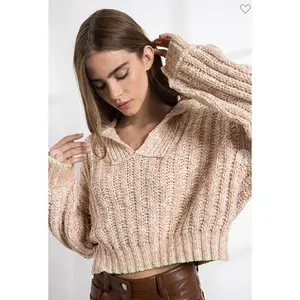 Cream V Neck Cable Knit Waist Crop Trimmed Sweater