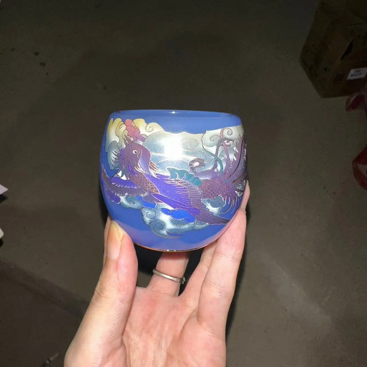 Blue Handmade Jianzhan Tea Cup with Phoenix and Cloud Patterns, Round Shape