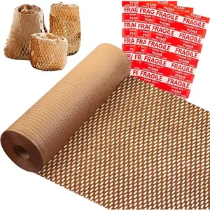 Honeycomb Packing Paper, 15"x230' Cushioning Bubble Wrap Paper Roll for Moving Shipping Packaging Gifts with 36 Fragile Sticker, Recyclable  Brown  Wrapping Paper