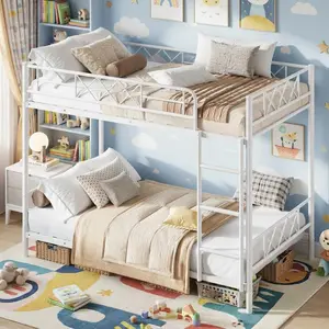 Twin Over Twin Bunk Bed for Kids, Teens & Adults, Heavy Duty 2-Tier Bed with Stairs, Full-Length Guardrails, Metal Slats, No Box Spring Needed, Space-Saving Design, White