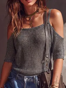 Boho One-Shoulder Knit Top for Women, Azure Blue Sheer Sleeveless Sweater, Casual Party Wear, Breathable Mesh Knitwear for Spring Summer Fall