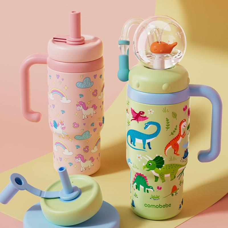 【COMOBEBE】24oz Stainless Steel Whale Fountain Tumbler with Handle – Two Lids, Spill-Proof, Dishwasher Safe, Cute & Perfect for Teens, and Adults Water Bottles Sturdy Drinkware Flasks