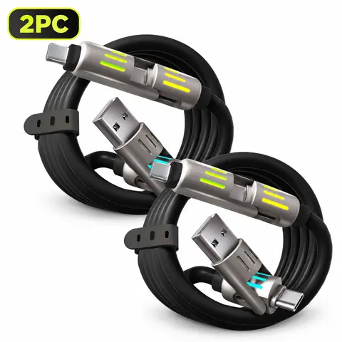 LWW 4-in-1 Multi-Plug Charging Cable - Zinc Alloy, USB-C Cables, USB-A, Lightning Connectors, LED Light, Fast Charging for iPhone/iPad, Cellphone, Mobile, Smartphone Electronic Devices