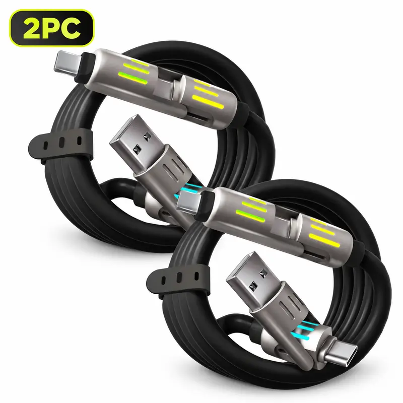 LWW 4-in-1 Multi-Plug Charging Cable - Zinc Alloy, USB-C Cables, USB-A, Lightning Connectors, LED Light, Fast Charging for iPhone/iPad, Cellphone, Mobile, Smartphone Electronic Devices