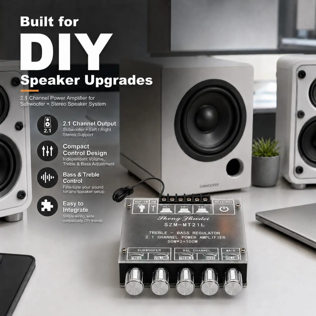 2.1 Channel Bluetooth Amplifier Board, 50W×2 + 100W DIY Audio Amplifier Module with Subwoofer Output, Bass Treble Control, AUX, FM, Remote Control, DC 12-24V for 4-8 Ohm Speakers