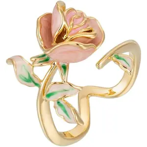 Rose Flower Ring for Women Enamel Elegant Floral Leaf Wrap Finger Band Wedding Rings Engagement Promise Ring Bands Fashion
