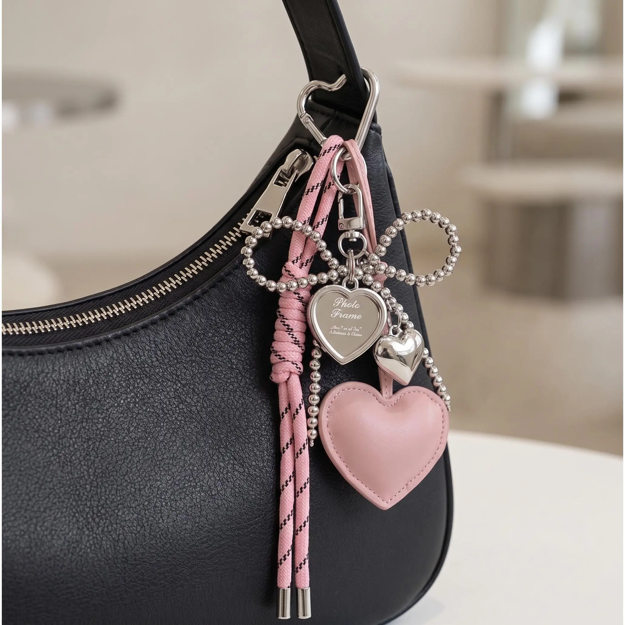 Heart Shape Keychain for Women, Cute Heart Pendant with Sweet Bow, Silver Beads Charm, PU Leather Bag Accessory, Lightweight Minimalist Solid Color Decor, 2025 Spring Everyday Use Gift (Black, Pink, Red, White)