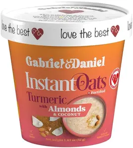 Gabriel & Daniel Organic, Gluten Free, Non-GMO Instant oats Turmeric with Almonds and Coconut. Convenient microwave cup. Fortified with Vitamins. Hot Cereal breakfast or snack.