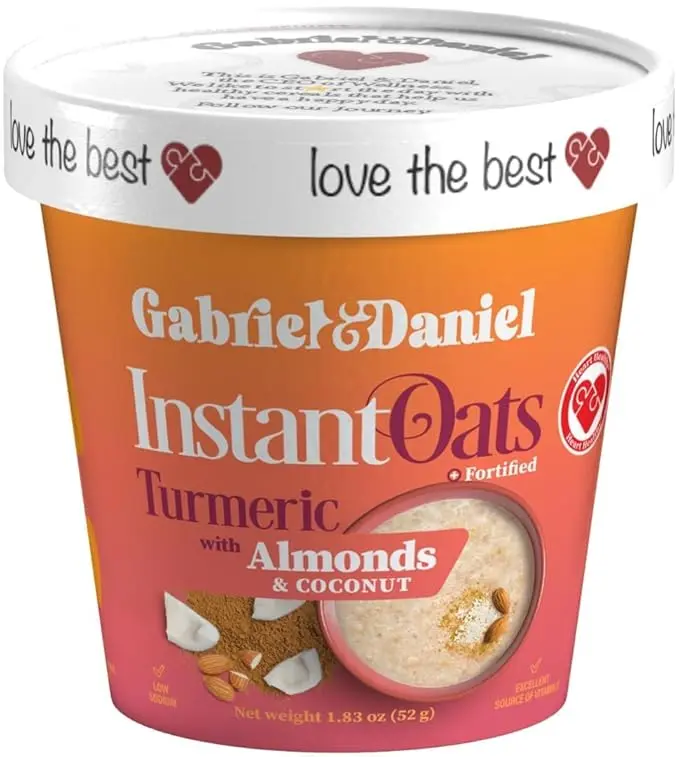 Gabriel & Daniel Organic, Gluten Free, Non-GMO Instant oats Turmeric with Almonds and Coconut. Convenient microwave cup. Fortified with Vitamins. Hot Cereal breakfast or snack.