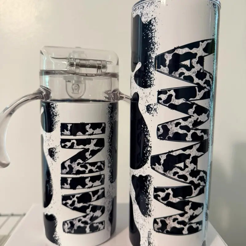 Mama/mini cow print tumbler set