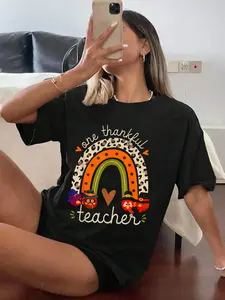 One Thankful Teacher Thanksgiving Turkey Rainbow Fall Funny T-Shirt