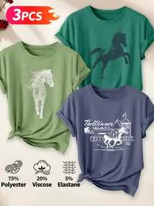 Women's 3-Pack Casual Short Sleeve T-Shirt, Horse Sketch & Racing Themed Print Set, Multiple Colors, Machine Washable, Spring & Summer Tops, Soft Skin-Friendly Fabric, Daily Wear, Fashion Design